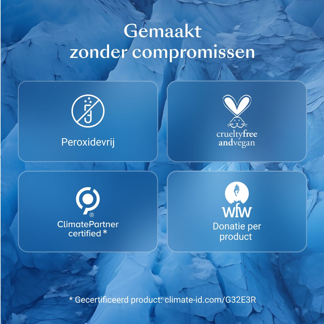 Vier logo's op blauwe achtergrond. Tekst: Peroxidevrij, Crueltyfree, ClimatePartner, wfw Donatie.