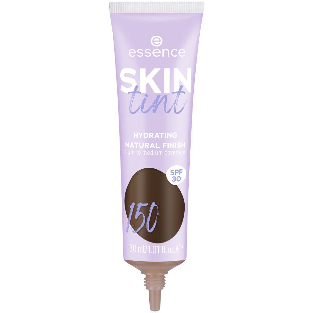Tube de Skin Tint Foundation, teinte 150, SPF 30. Tube lilas avec bouchon blanc. Texte : Skin Tint, Hydrating, Natural Finish.