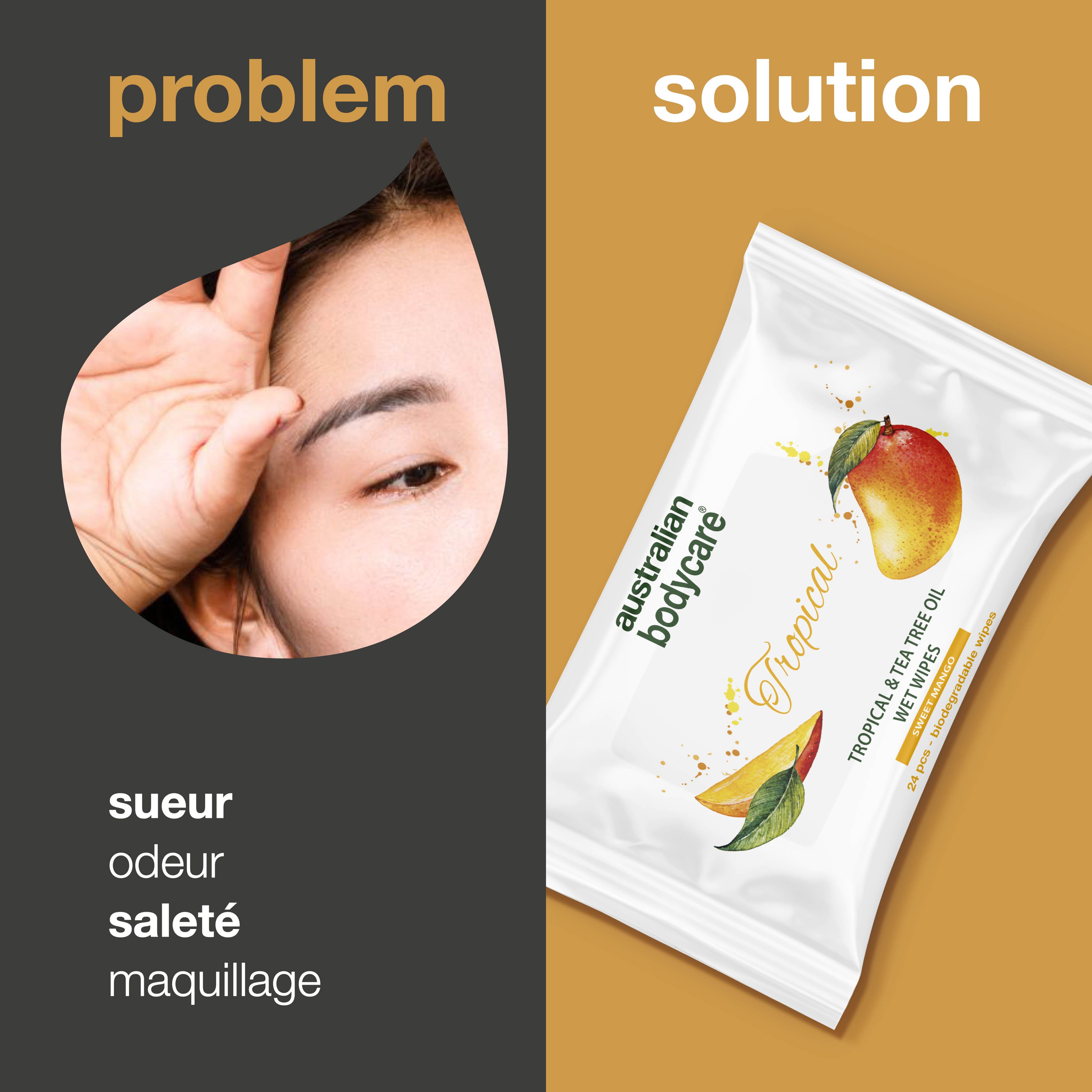 Visage et emballage de lingettes. Texte : Problème, Solution. Mots : Sueur, odeur, saleté, maquillage.