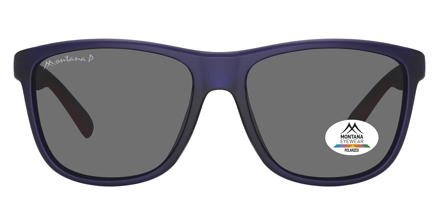 Lunettes de soleil bleues avec verres gris. Logo Montana Eyewear sur la branche. Autocollant polarisé sur le verre.