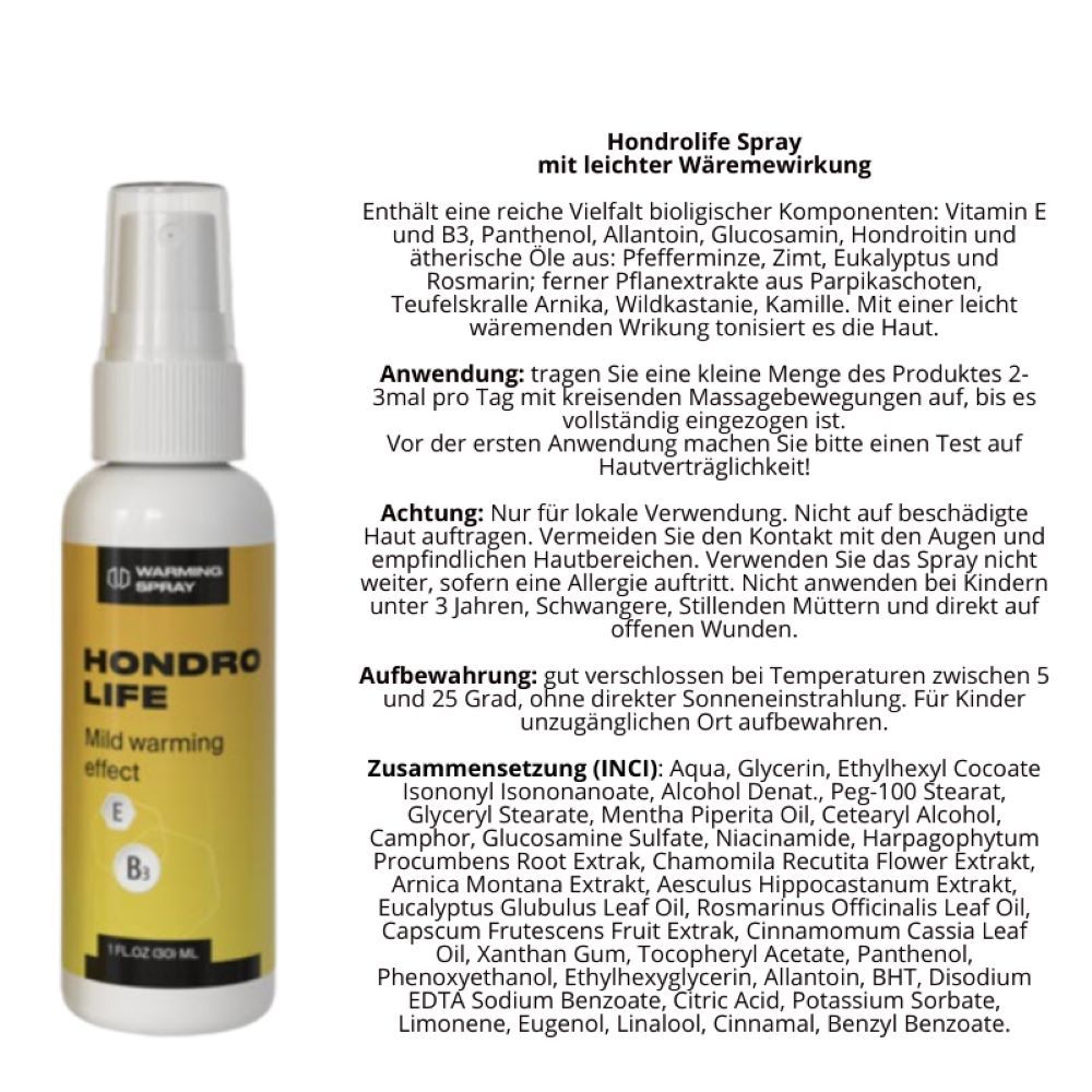 Flacon de HondroLife Spray avec étiquette et texte. Contient de la vitamine E et B3. Inscription : Mild warming effect.