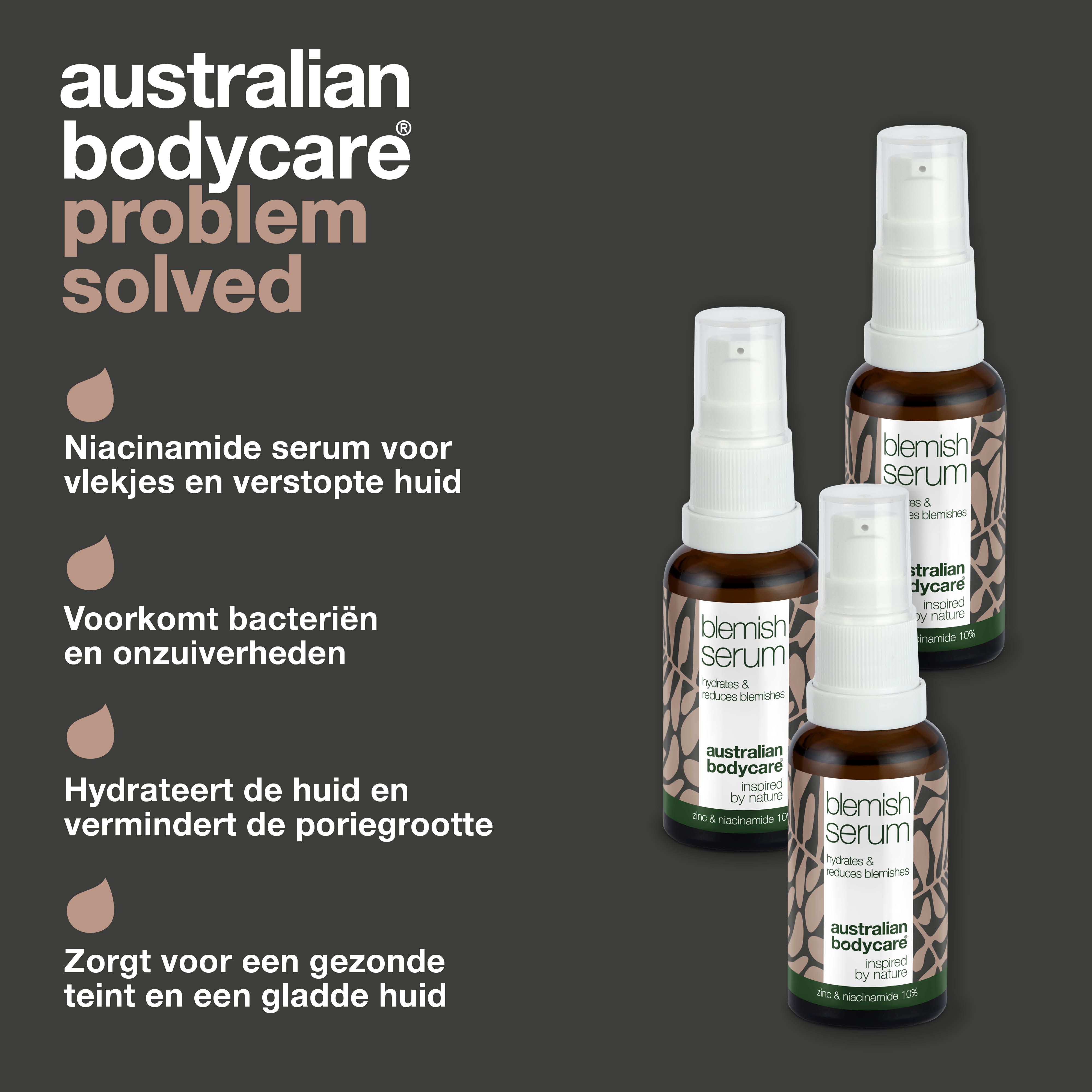 Probleem opgelost. Drie serumflessen. Tekst: Niacinamide serum voor onzuiverheden. Logo: Australian Bodycare.