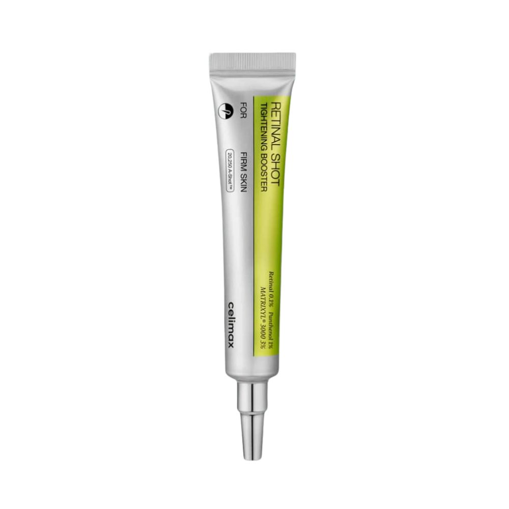 Zilveren tube met groene opdruk. Tekst: Retinal Shot Tightening Booster, Celimax. Voor een strakkere huid.