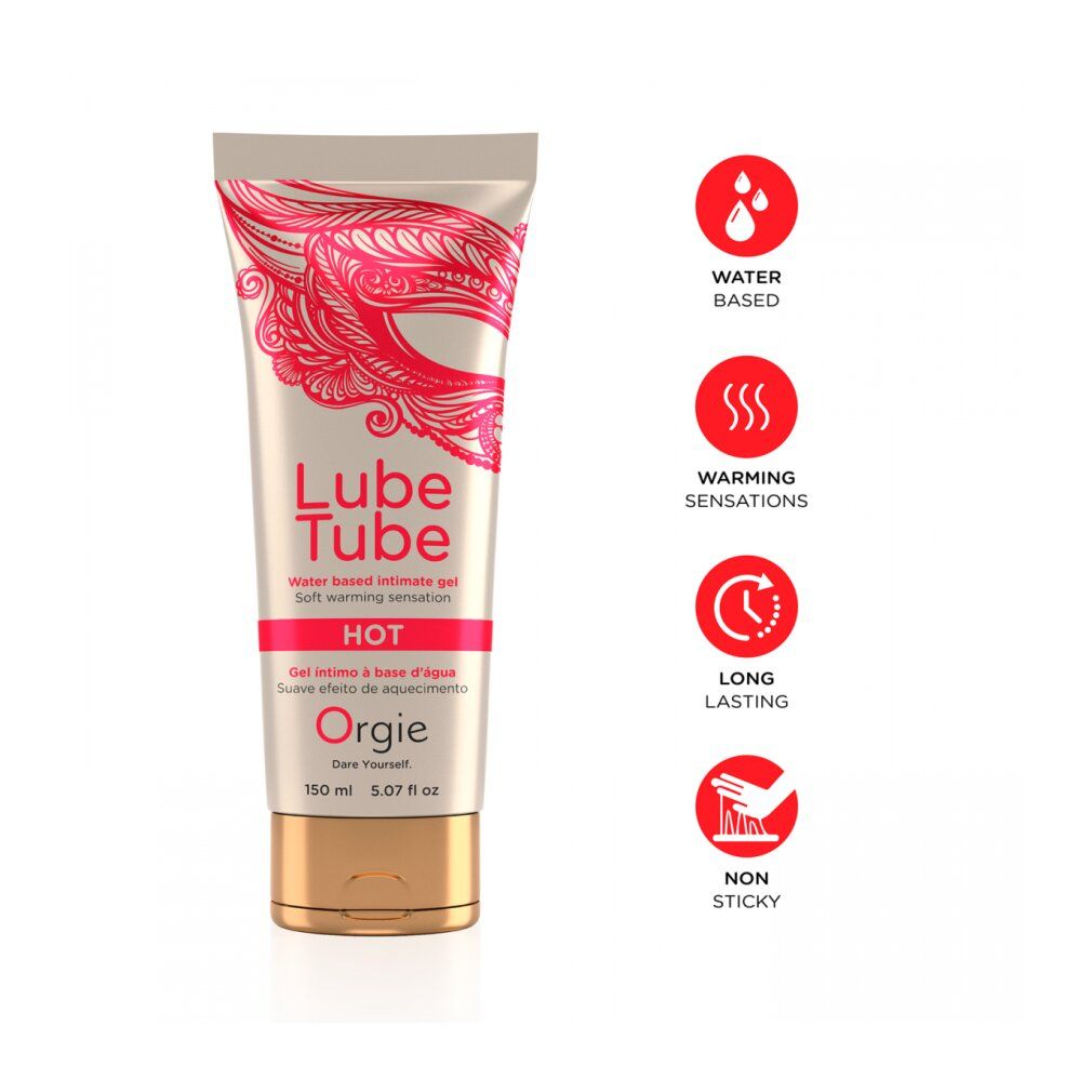 Orgie Lube Tube HOT glijmiddel met iconen: waterbasis, warmte, langdurig, niet plakkerig.