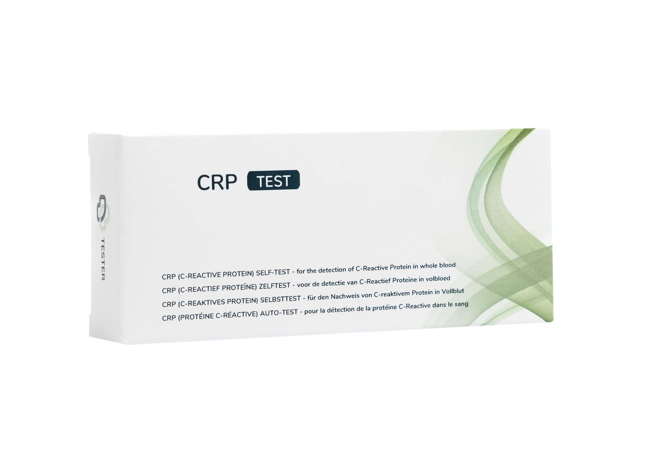 Verpakking van de CRP sneltest met meertalige productinformatie.