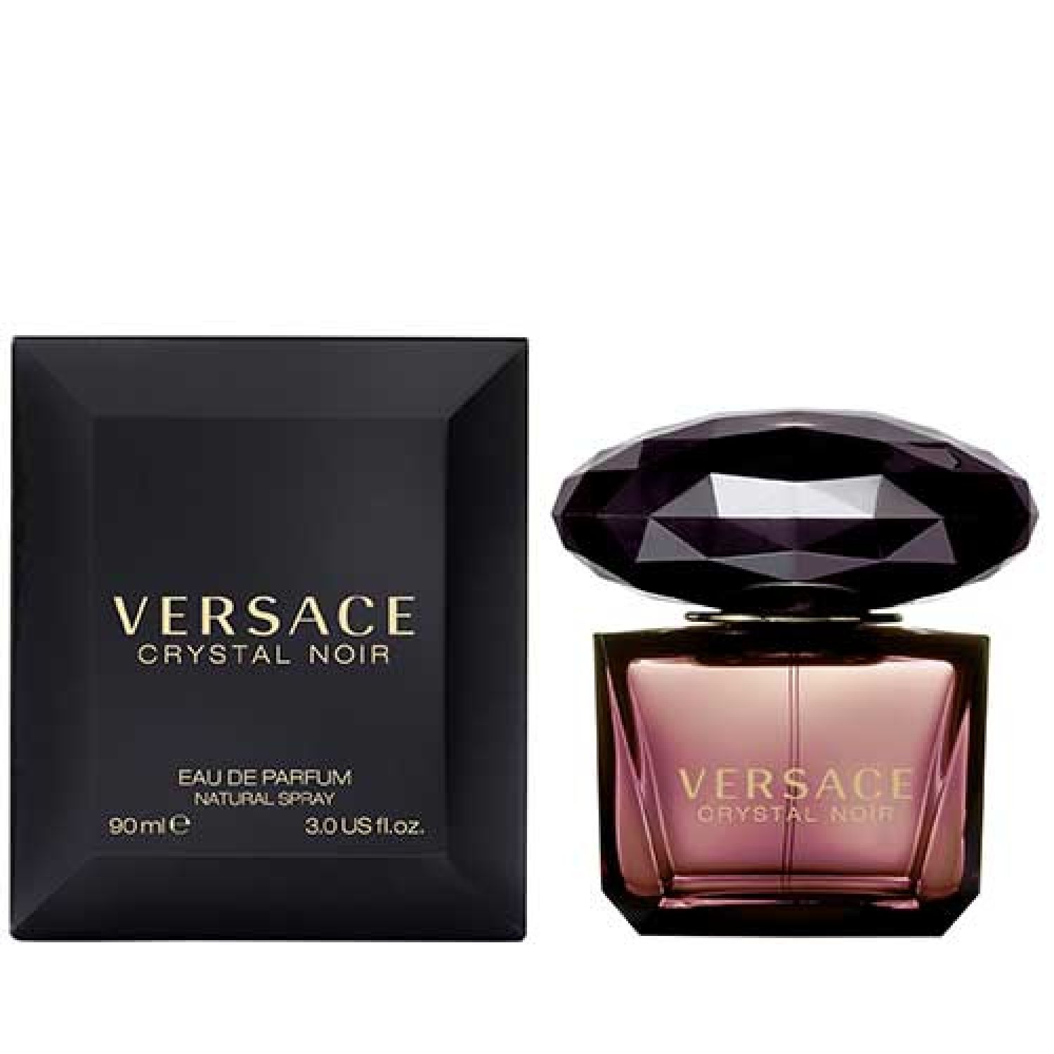 Flacon et boîte. Flacon avec bouchon noir. Inscription VERSACE CRYSTAL NOIR. Boîte noire.