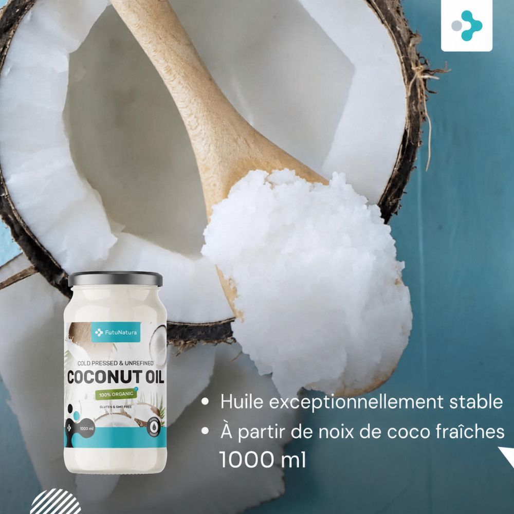 Bouteille d'huile de coco BIO, cuillère d'huile, moitié de noix de coco. "Huile exceptionnellement stable".