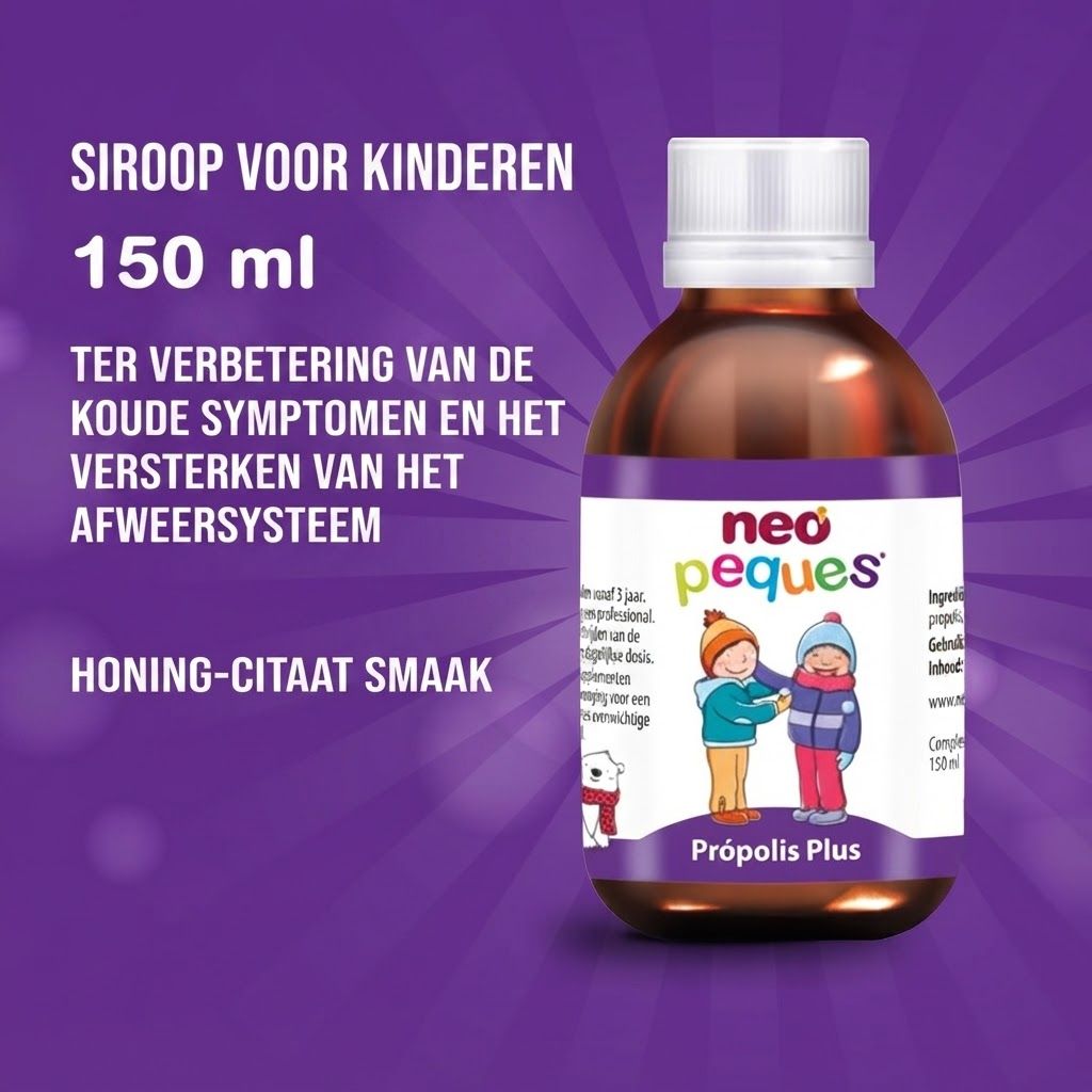 Bruine siroopfles met witte dop, 150 ml. Etiket met kinderen en beer. Propolis Plus.