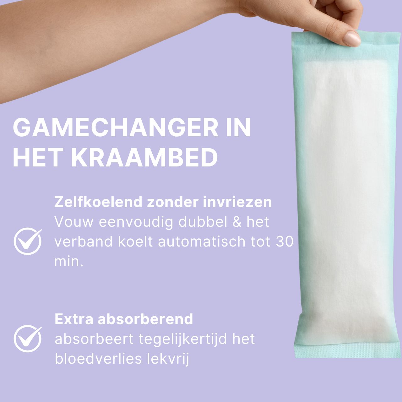 Nederlandse beschrijving van het MyClarella koelverband: Zelfkoelend, extra absorberend.
