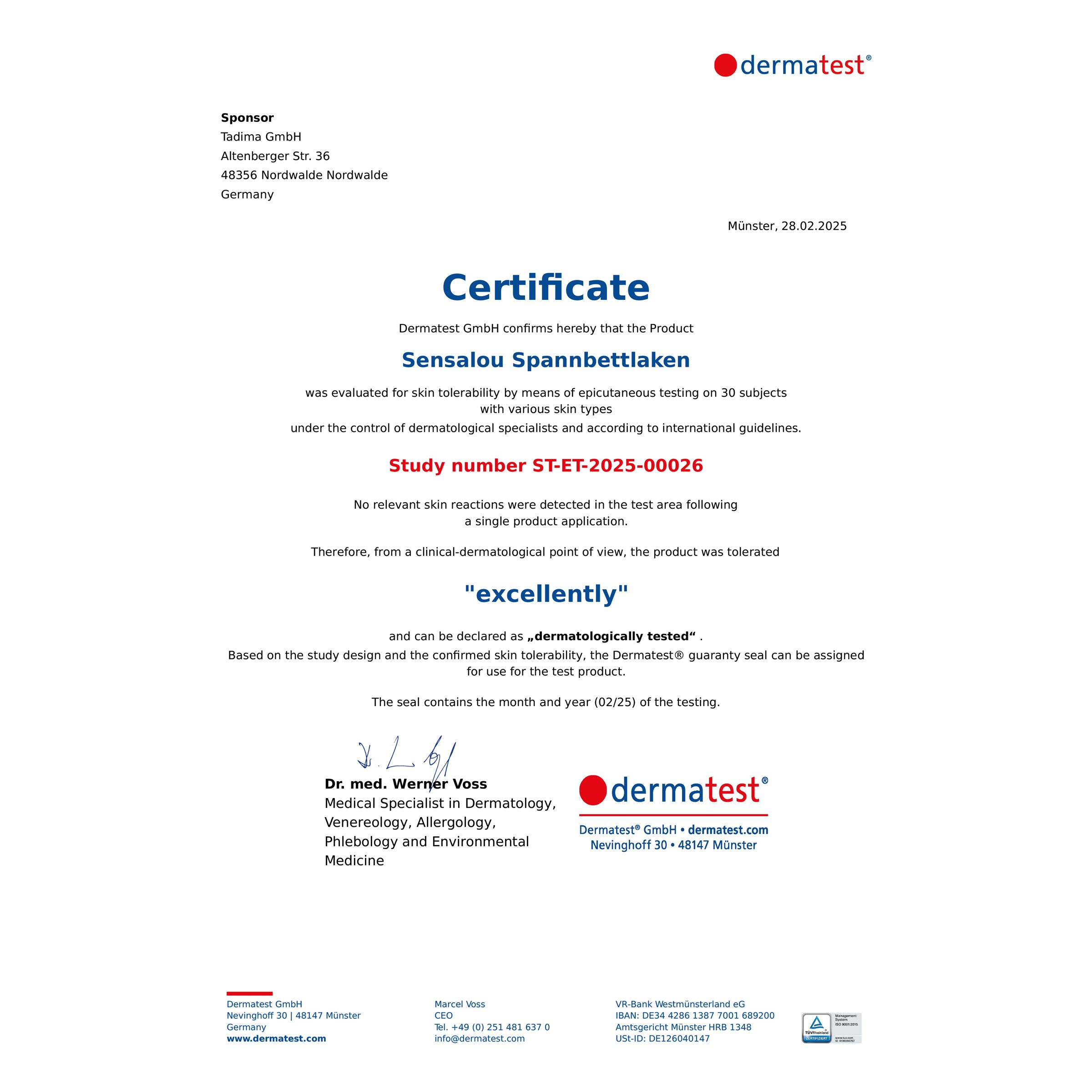 Certificat. Texte : Dermatest confirme la tolérance cutanée. Sceau : Dermatest.