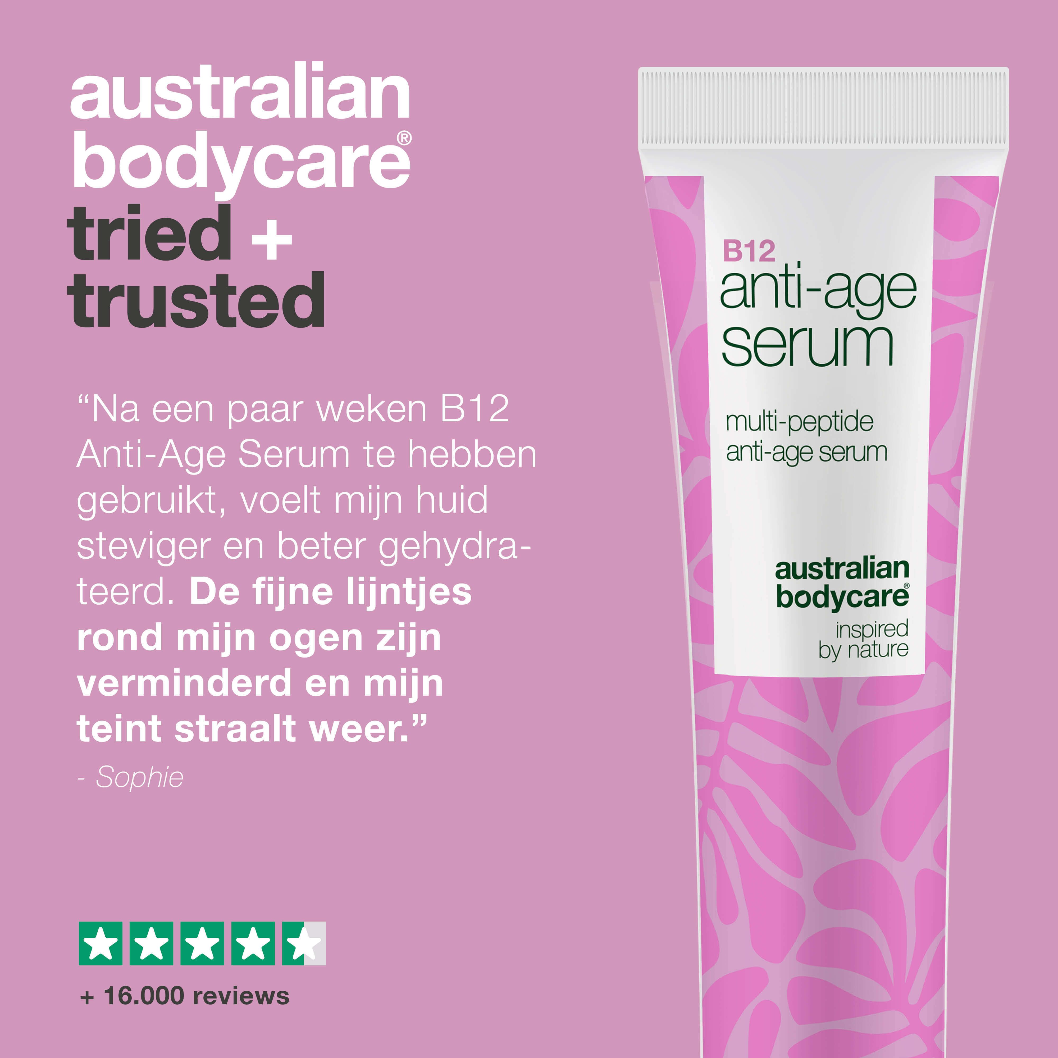 Tube B12 anti-age serum. Citaat: huid steviger, gehydrateerder, minder rimpels, stralende teint. Logo en sterrenbeoordeling.