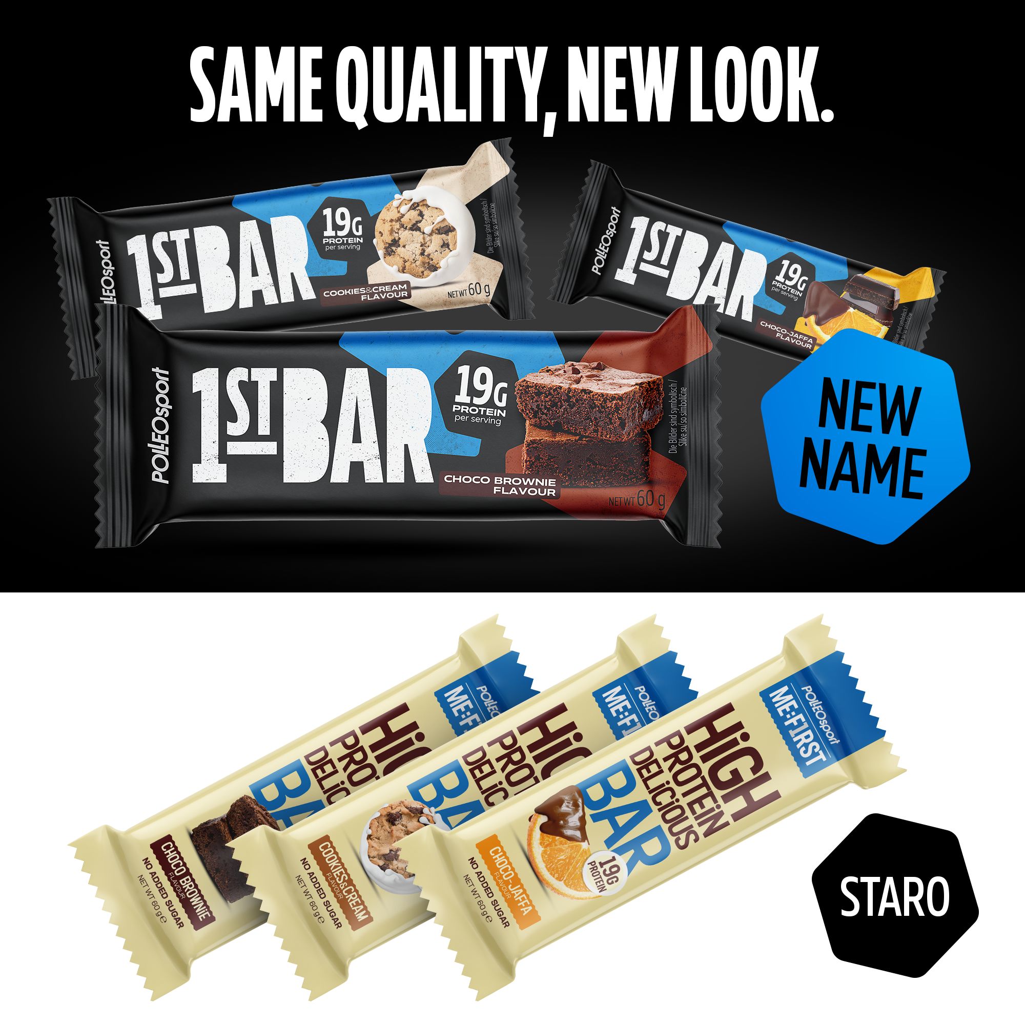 Meerdere eiwitreepverpakkingen. '1ST BAR' en 'ME:FIRST HIGH PROTEIN BAR'. Verschillende smaken. 19g eiwit. Merk: PolleoSport.