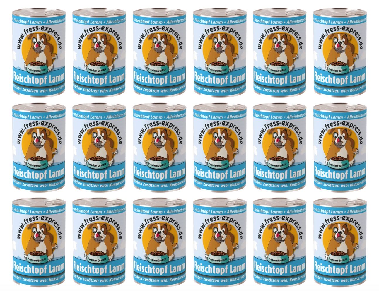 Meerdere blikken Fress-express Fleischtopf Lamm. Op elk blik staat een hond afgebeeld die uit een kom eet.