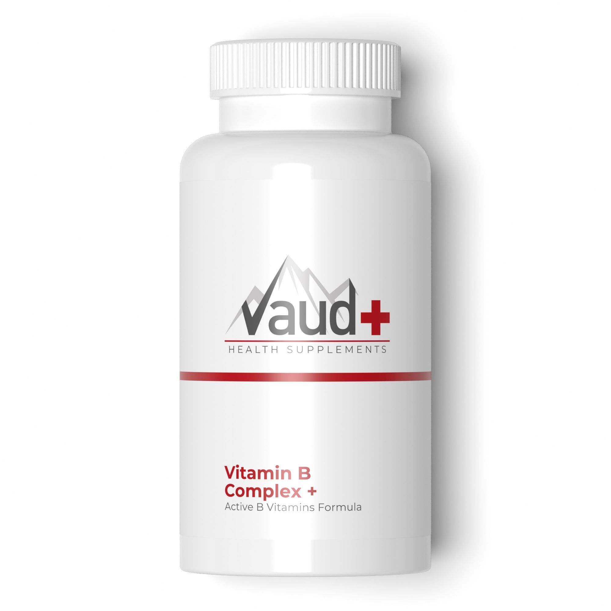 Witte pot met Vaud+ Vitamin B Complex etiket en rode streep.