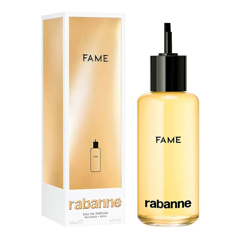 Gele glazen fles met zwarte dop en verpakking. Opschrift "FAME" en "rabanne".