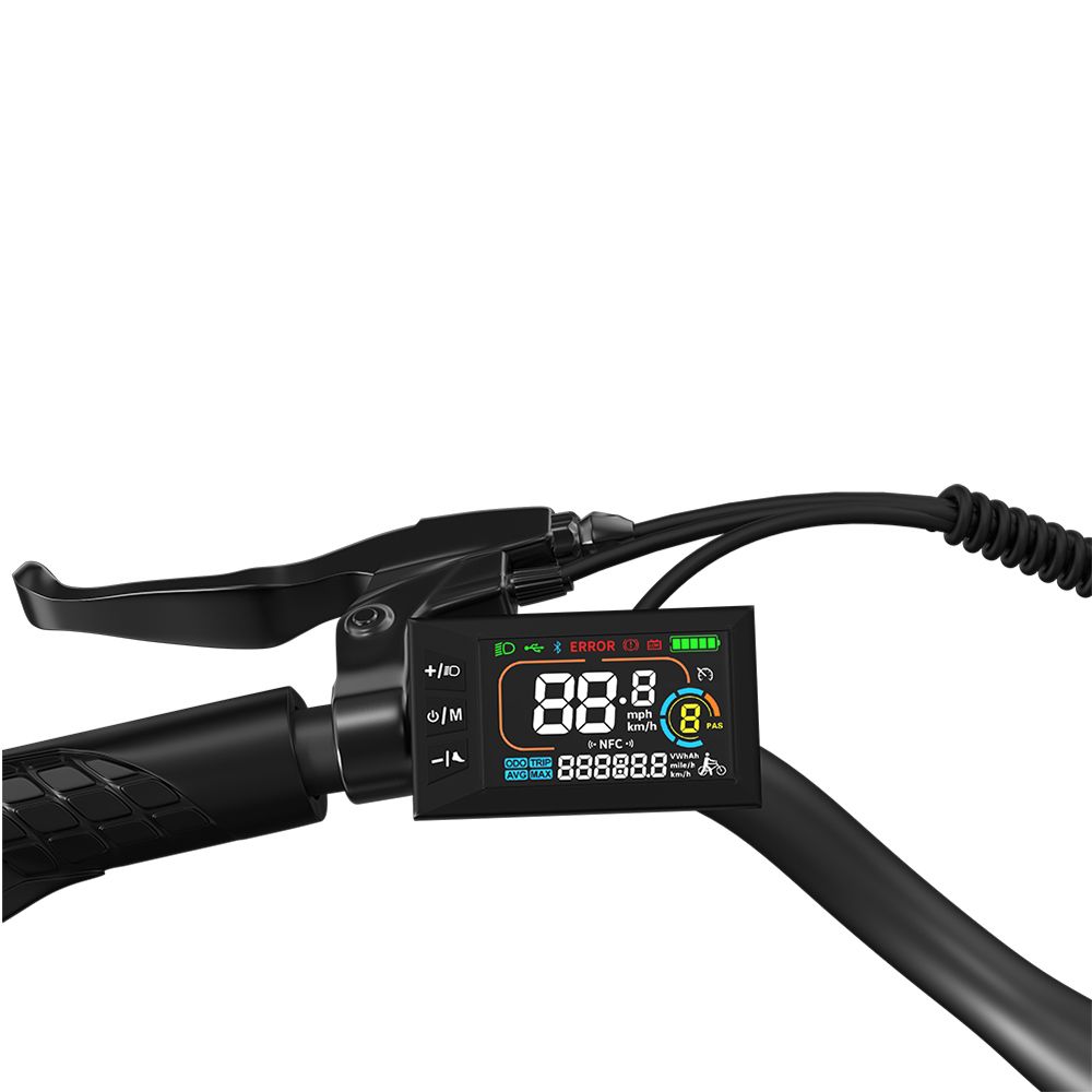 Guidon avec écran. Affichage de la vitesse, de l'état de la batterie et d'autres informations. Guidon noir.