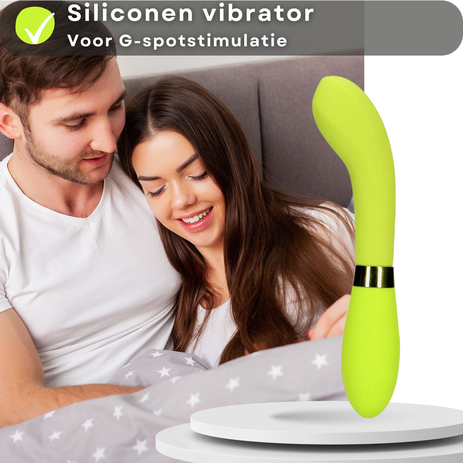 Vibrateur vert, texte: 10 vibrations, rechargeable USB. Couple s'embrassant au lit.