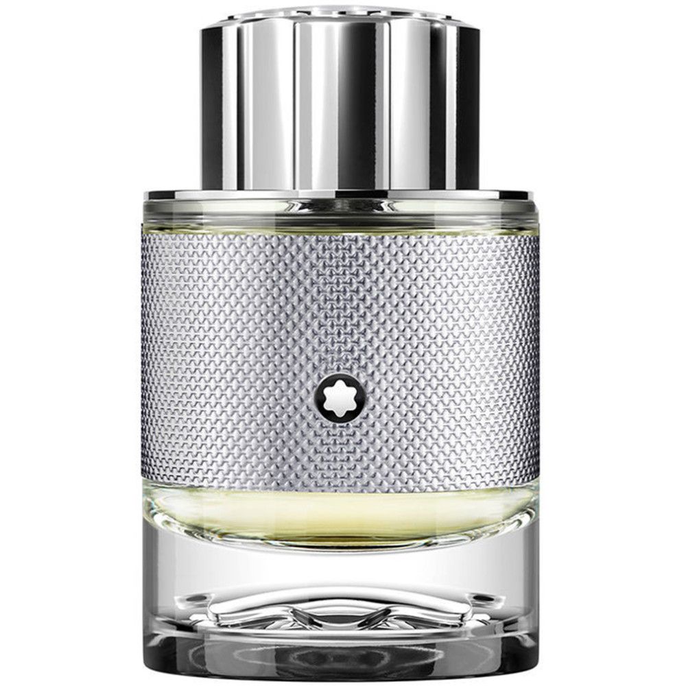 Montblanc Explorer Platinum EdP Nat. Spray fles. Zilverkleurige fles met logo, glazen bodem, zilveren dop.