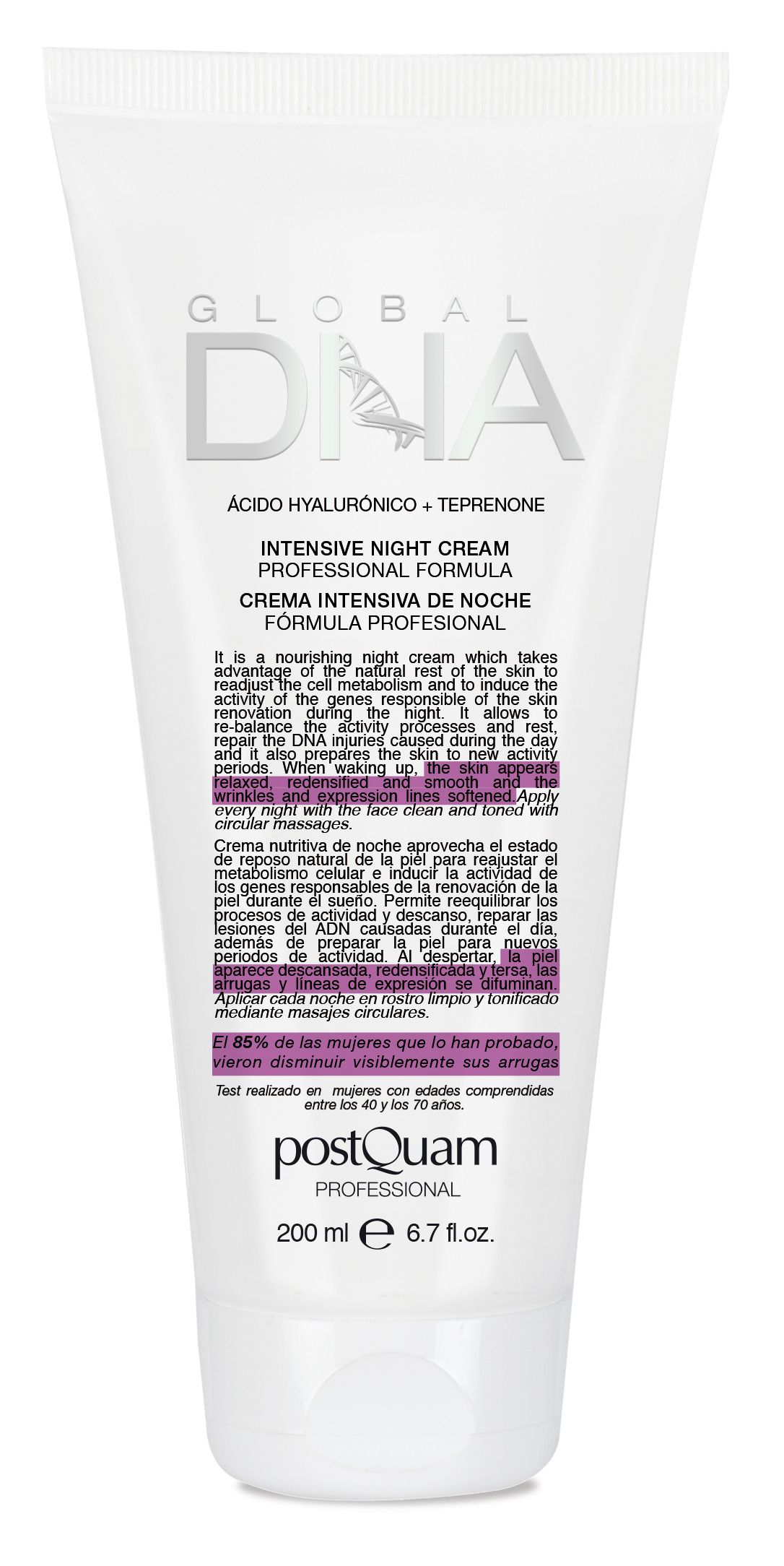 Tube blanche avec texte. Inscription: Global DNA, Intensive Night Cream. Marque: Postquam. 200 ml.