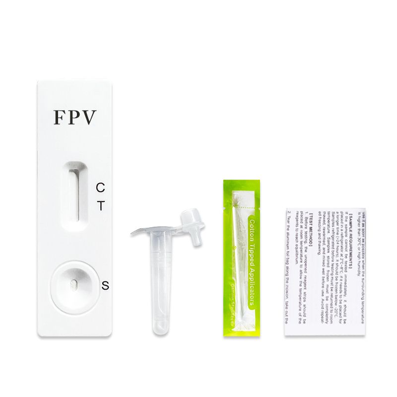 Kit de test du virus de la panleucopénie féline. Comprend une bandelette, un tube, un écouvillon et des instructions. Design blanc.