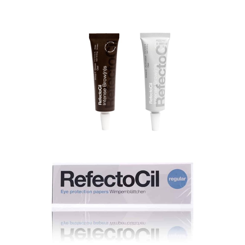 Twee tubes en een doos. Op de tubes staat RefectoCil Intense Brow[n]s. Op de doos staat RefectoCil Eye protection papers Wimpernblättchen.
