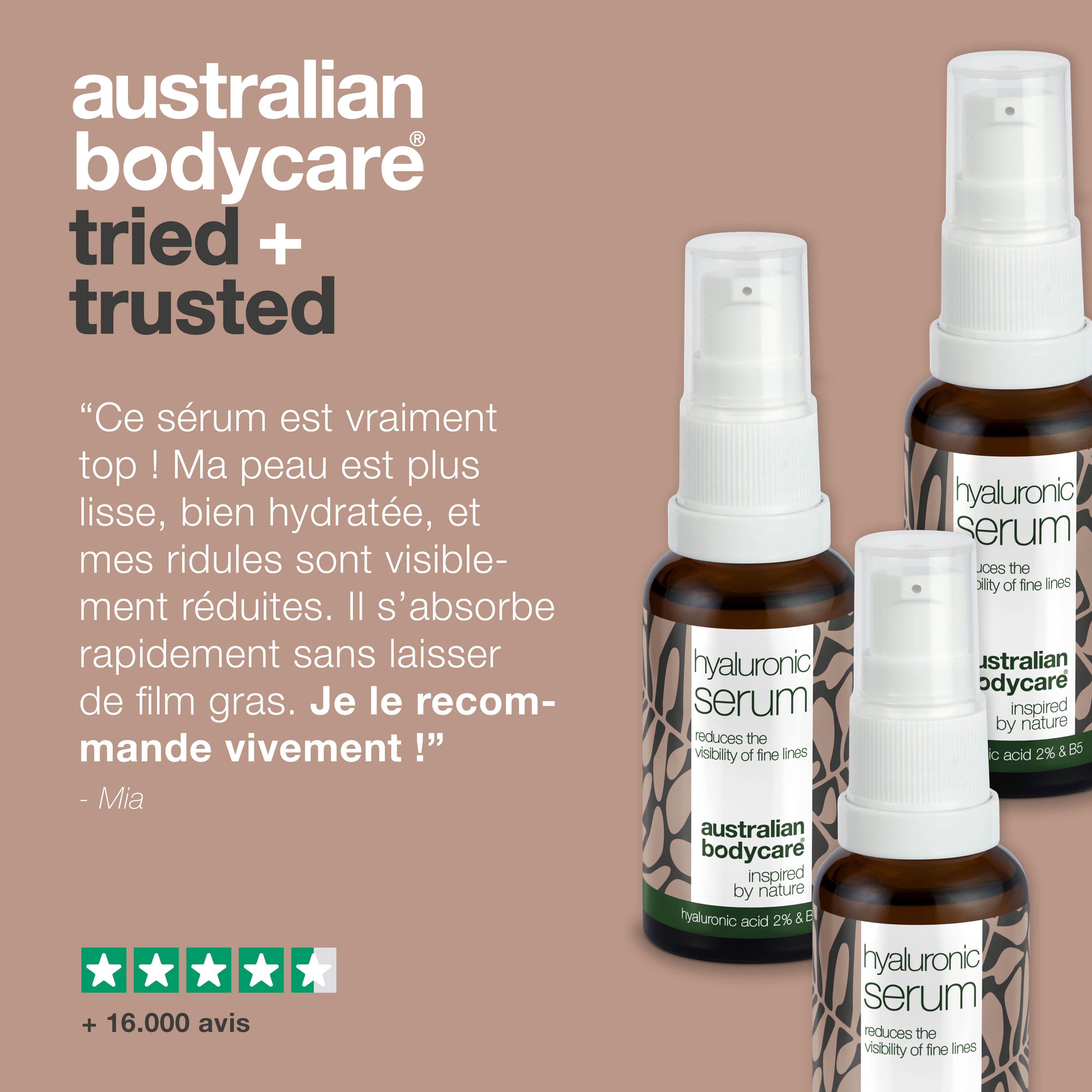 Présentation du produit avec diverses images. Inscription : Australian Bodycare.