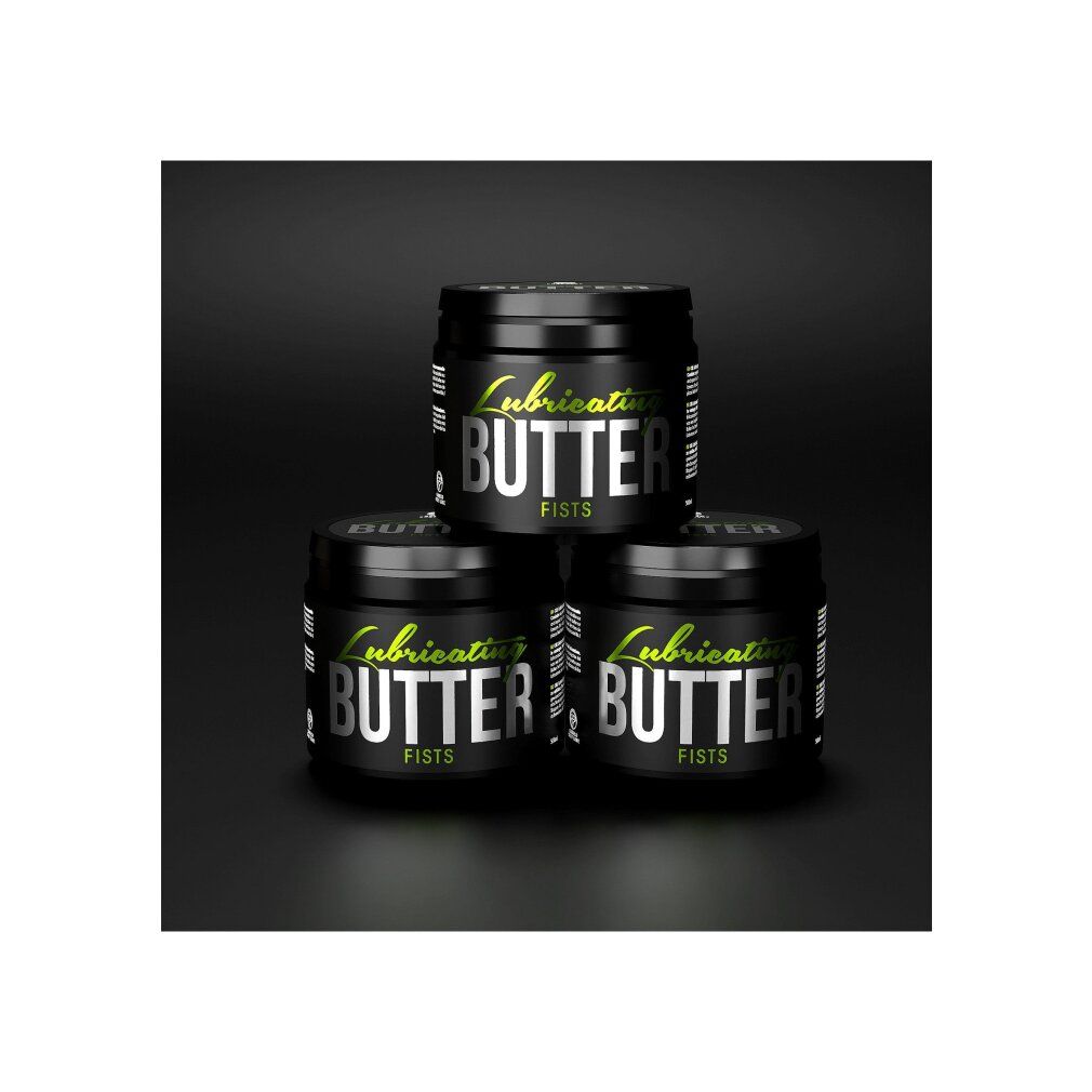 Drie zwarte potten met deksel. Opschrift: Lubricating BUTTER, FISTS. Groene en zilveren letters. Op zwarte achtergrond.