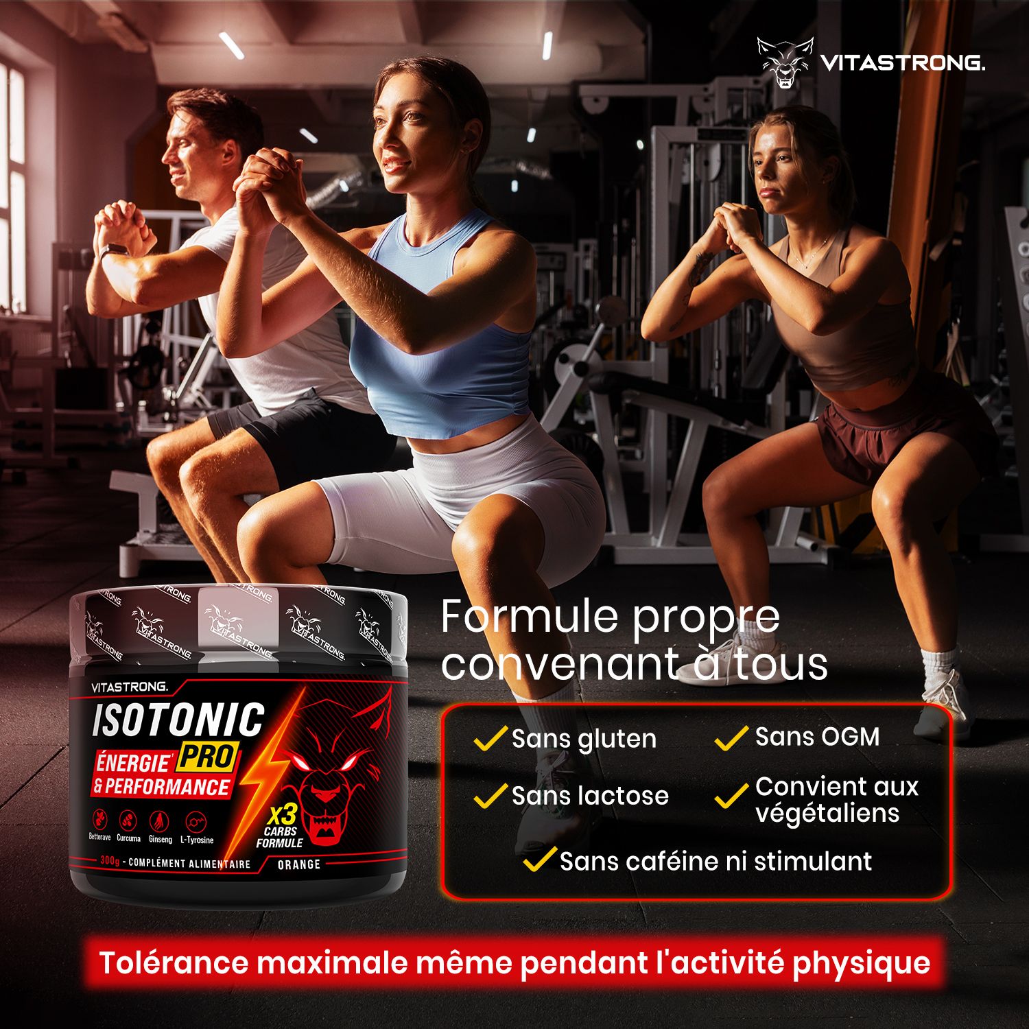 Drie personen. Tekst: Schone formule geschikt voor iedereen. Zonder gluten, lactose, cafeïne. Veganistisch.