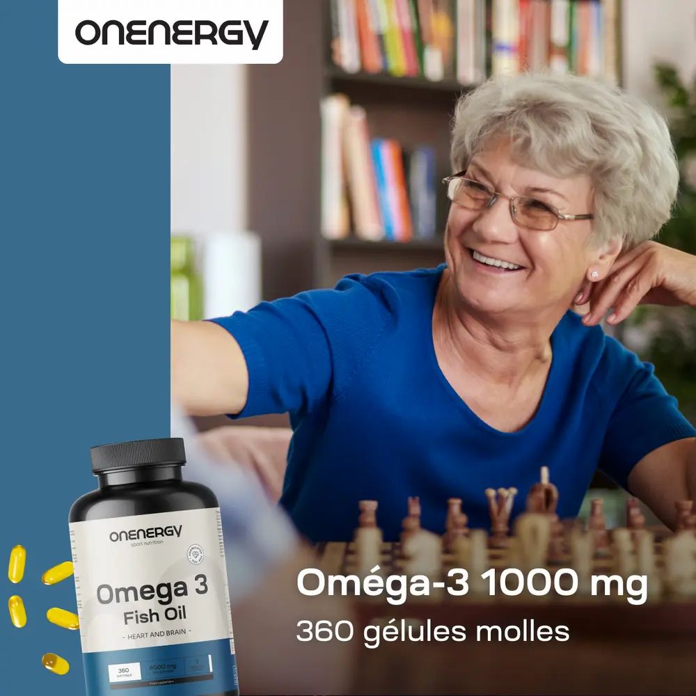 Femme jouant aux échecs, flacon d'Omega 3. Texte: Omega-3 1000 mg - à partir d'huile de poisson. 360 gélules.