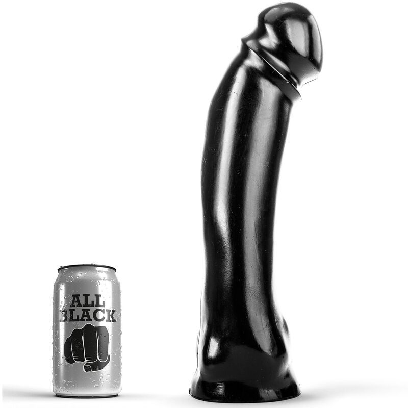 Dildo noir brillant, incurvé, à côté d'une canette "ALL BLACK". Forme phallique, surface lisse.