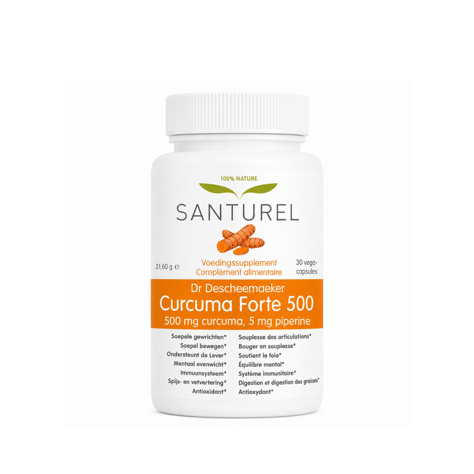 Bouteille blanche Santurel Curcuma Forte 500. Contient 30 gélules végétales.