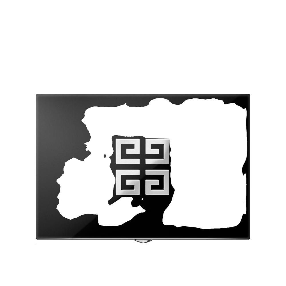 Palette de maquillage Givenchy noire avec logo argenté. Couvercle avec découpe blanche.