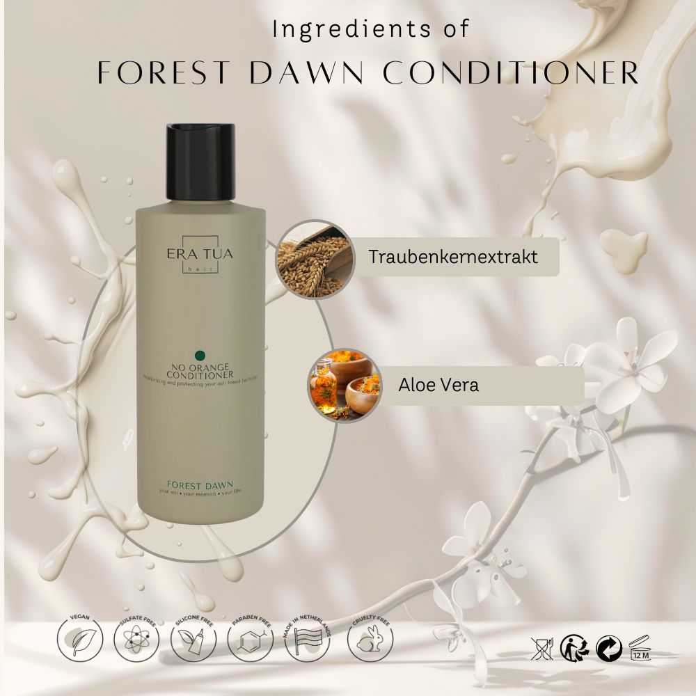 Beige fles met zwarte dop. Opschrift: Era Tua, Forest Dawn Conditioner. Ingrediënten: Druivenpitextract, Aloë Vera. Vegan-keurmerk.