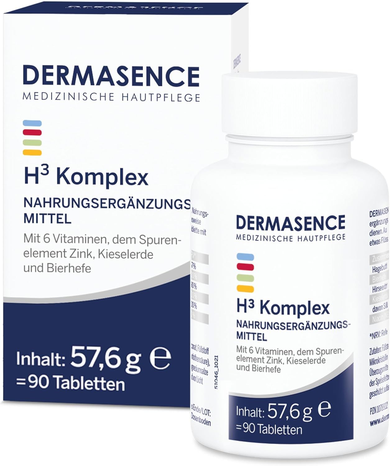 Witte doos en fles met DERMASENCE H³ Komplex. Bevat 90 tabletten. Opschrift: Voedingssupplement.