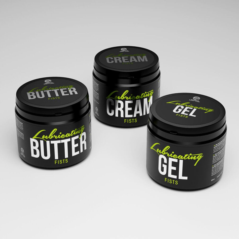 Trois récipients noirs : "Lubricating BUTTER", "CREAM", "GEL" FISTS.