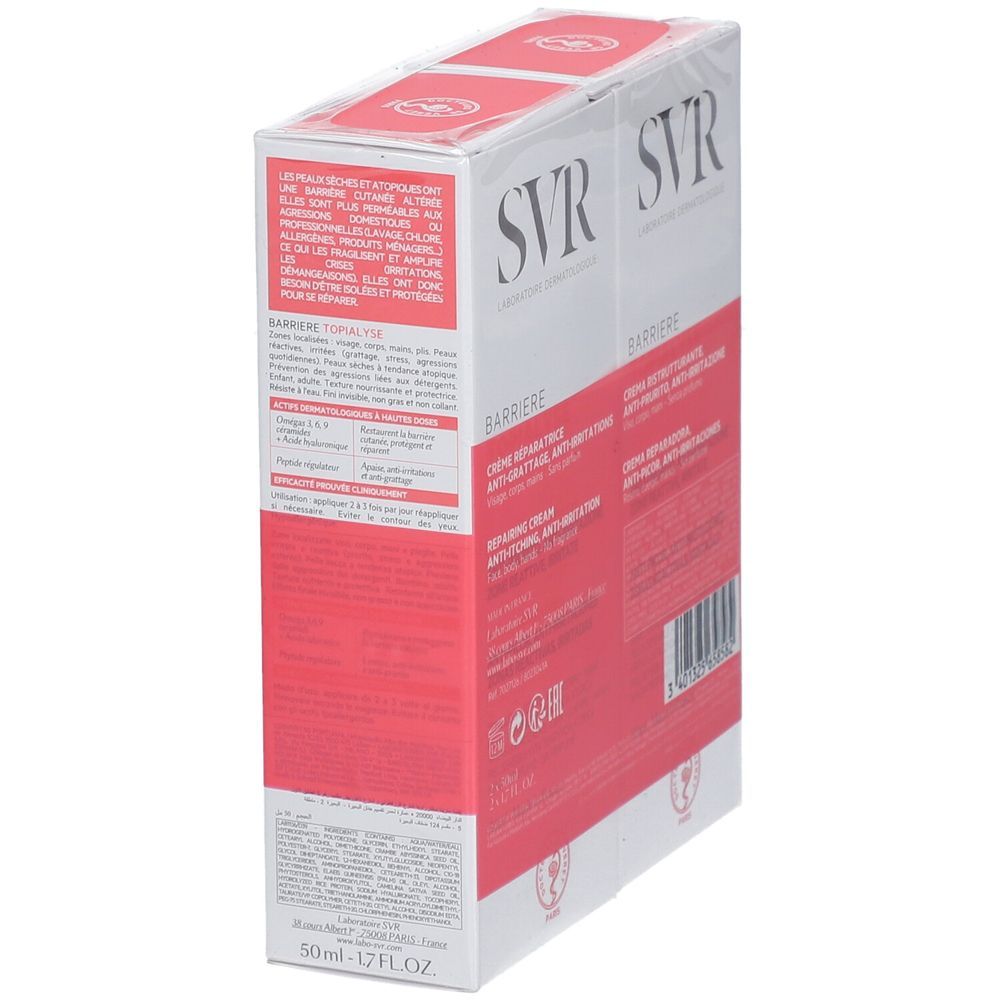SVR Barrière Topialyse duopack, schuine weergave. Witte en rode verpakking. Productnaam en logo zichtbaar. Meertalige tekst.
