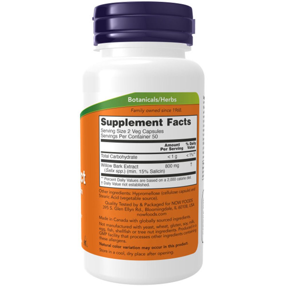 Dos du flacon. Inscription: Supplement Facts, Willow Bark Extract, 800 mg. Fabricant: NOW FOODS.