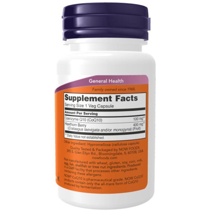 Witte fles met paarse dop. Label met tekst: Supplement Facts, CoQ10, 100mg, Hawthorn Berry. Merk: NOW Foods.