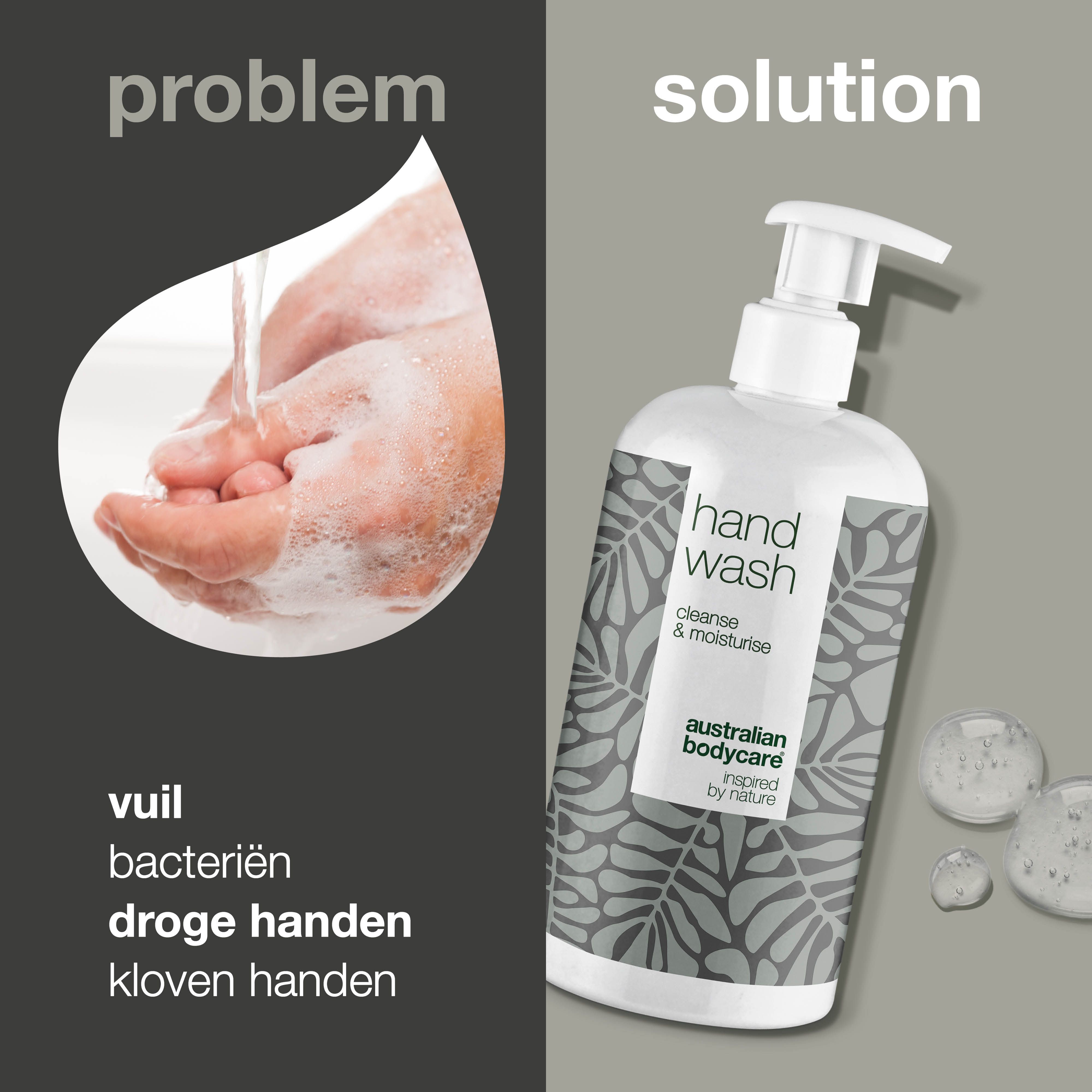 Vergelijking van handen met en zonder zeep. Handzeepfles. Opschrift: Hand Wash, cleanse & moisturise. Logo: Australian Bodycare.