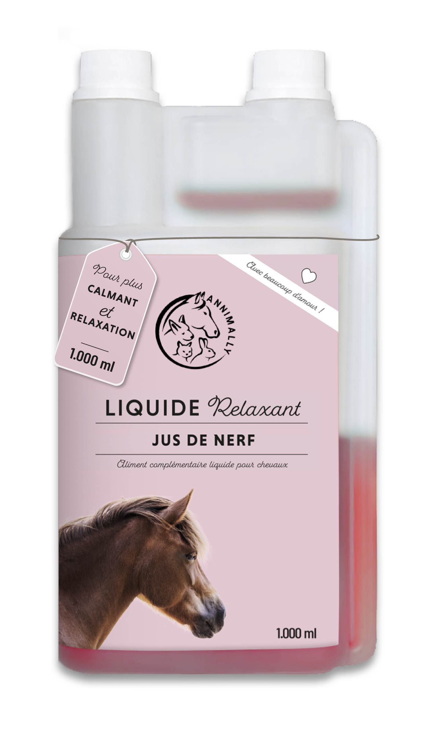 Bouteille Relax Liquid pour chevaux. Étiquette rose avec logo et texte. 1000 ml.