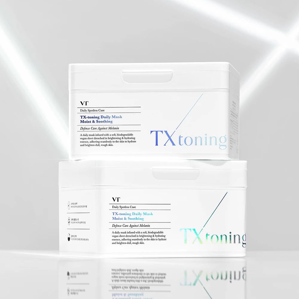 Twee gestapelde verpakkingen VT COSMETICS TX-Toning Dagmasker.