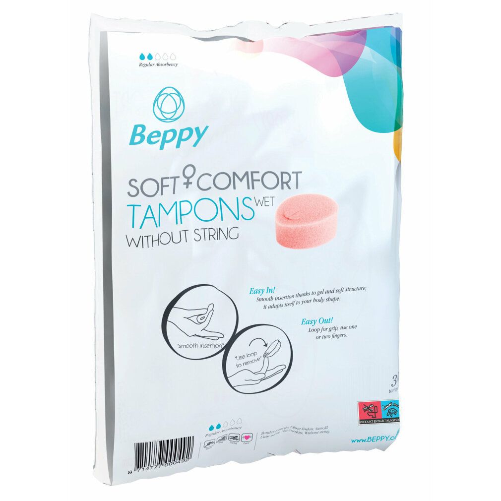 Paquet de tampons Beppy Soft + Comfort sans fil. Illustration du produit et instructions d'utilisation.