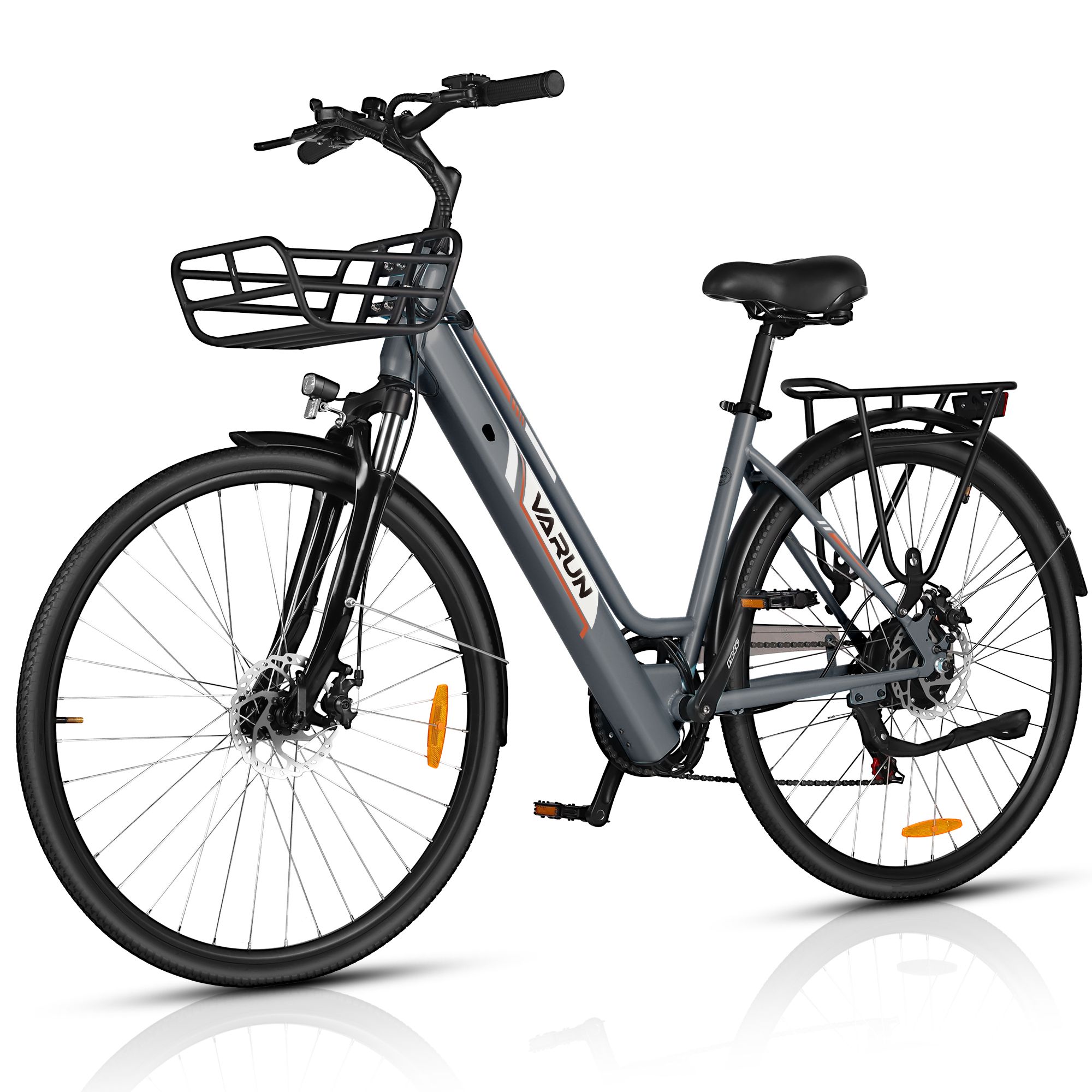 Vélo électrique gris avec panier, porte-bagages et accents orange. Marque VARUN.
