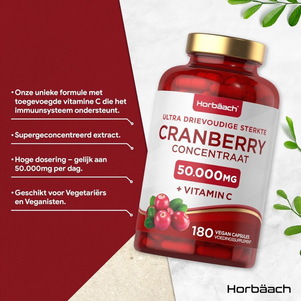 Productinformatie. Cranberry Concentrate 50.000mg + Vitamine C. 180 capsules. Vegan. Ingrediënten.