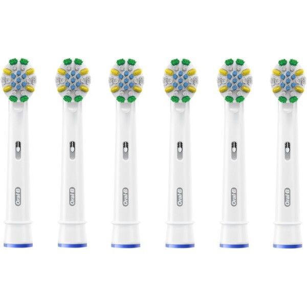 Zes Oral-B PRO opzetborstels met blauwe, groene en gele borstelharen.