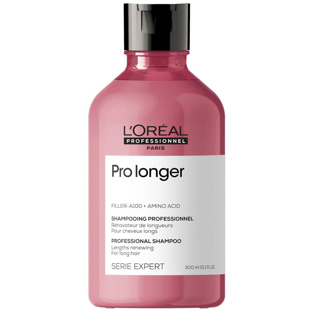 Roze shampoo fles. Tekst: L'Oréal Professionnel Pro Longer. Serie Expert. 300 ml. Voor lang haar.
