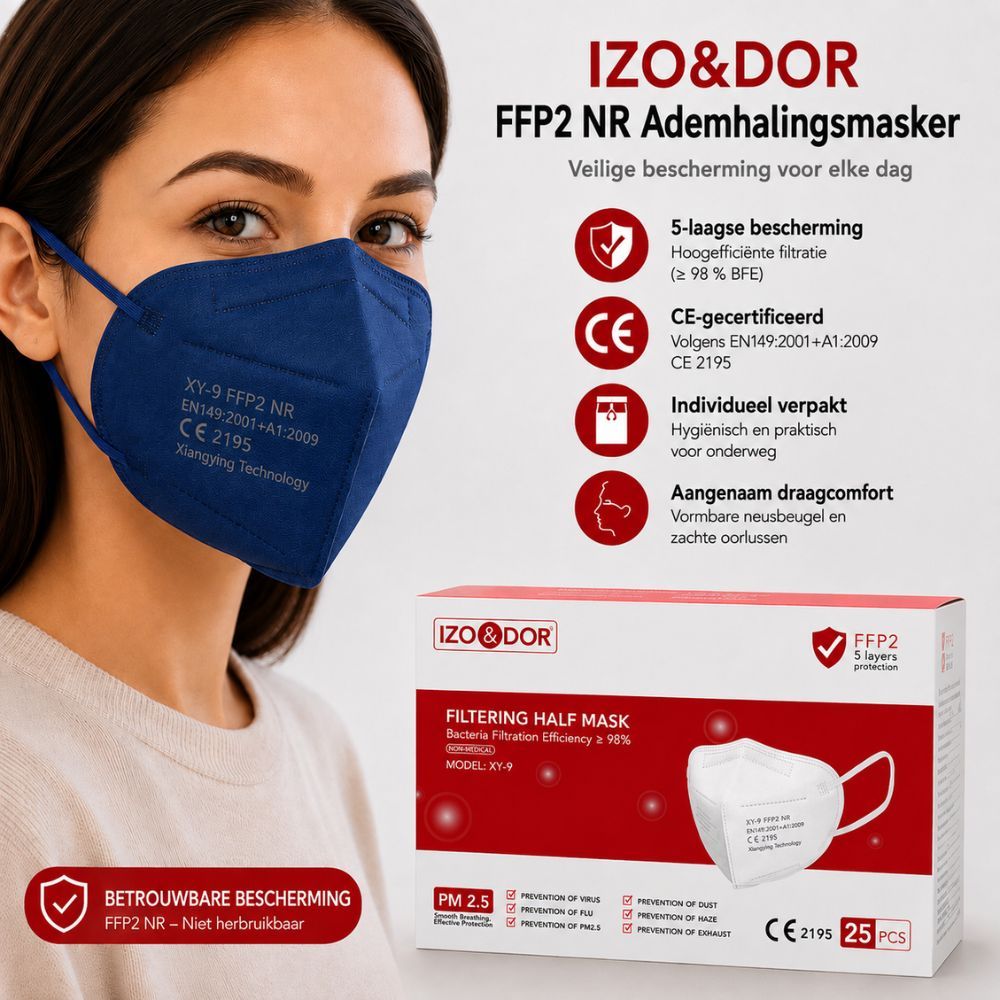Verpakking voor FFP2 maskers, donkerblauw. Toont 5 lagen bescherming, CE 2195, 25 stuks.