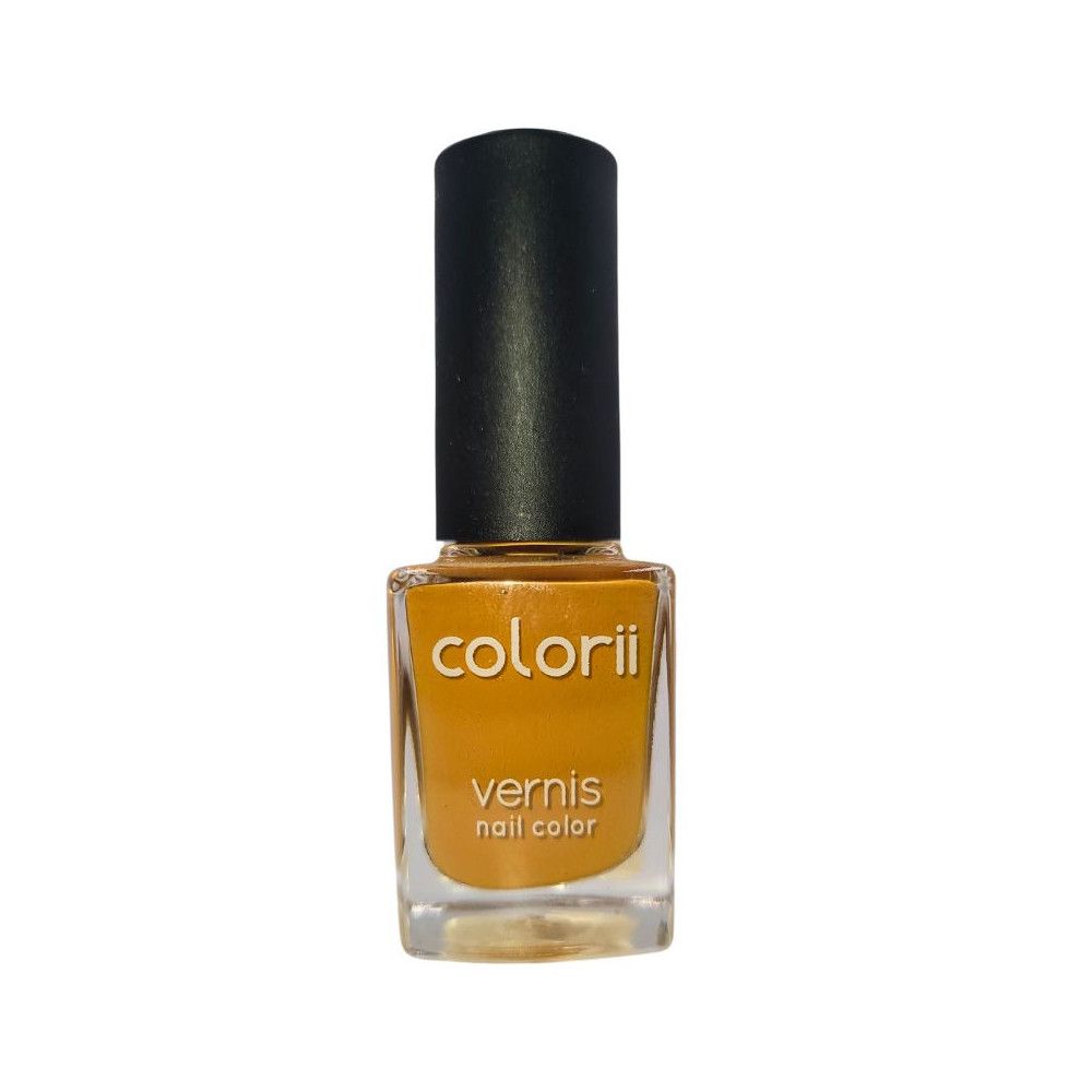 Flacon de vernis à ongles avec bouchon noir. Inscription "colorii" et "vernis nail color". Teinte jaune-orangé.