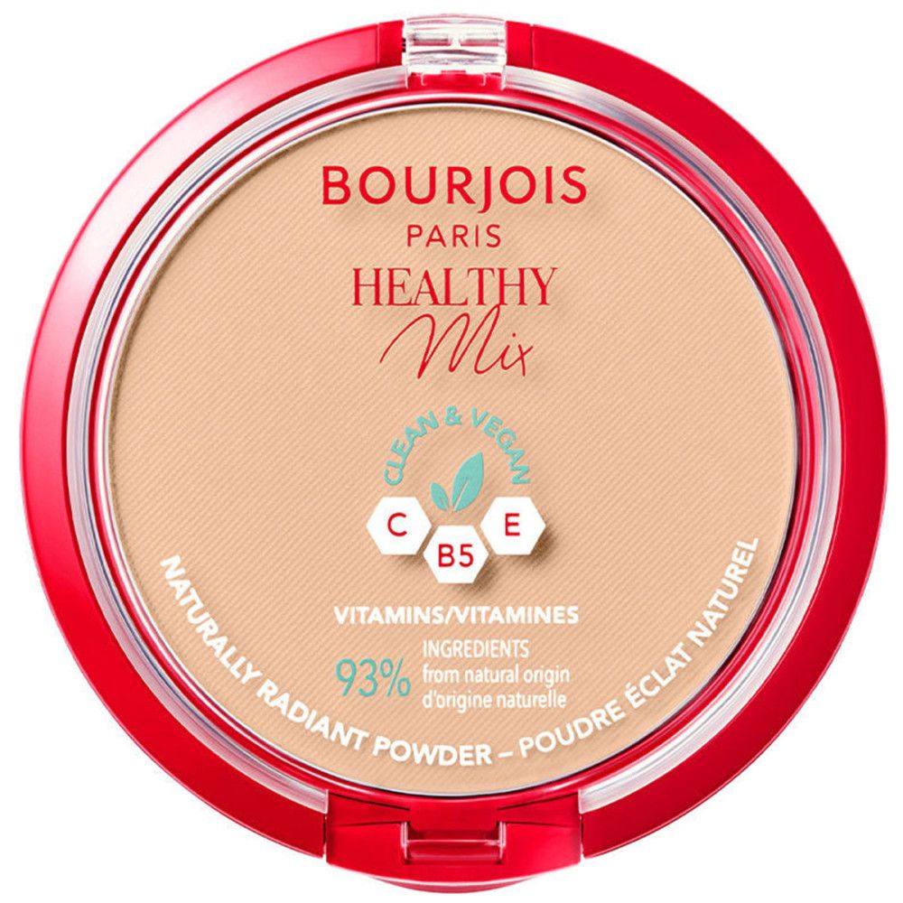 Boîtier rond rouge avec poudre beige clair. Inscription : Bourjois Healthy Mix, vitamines, 93% ingrédients d'origine naturelle.