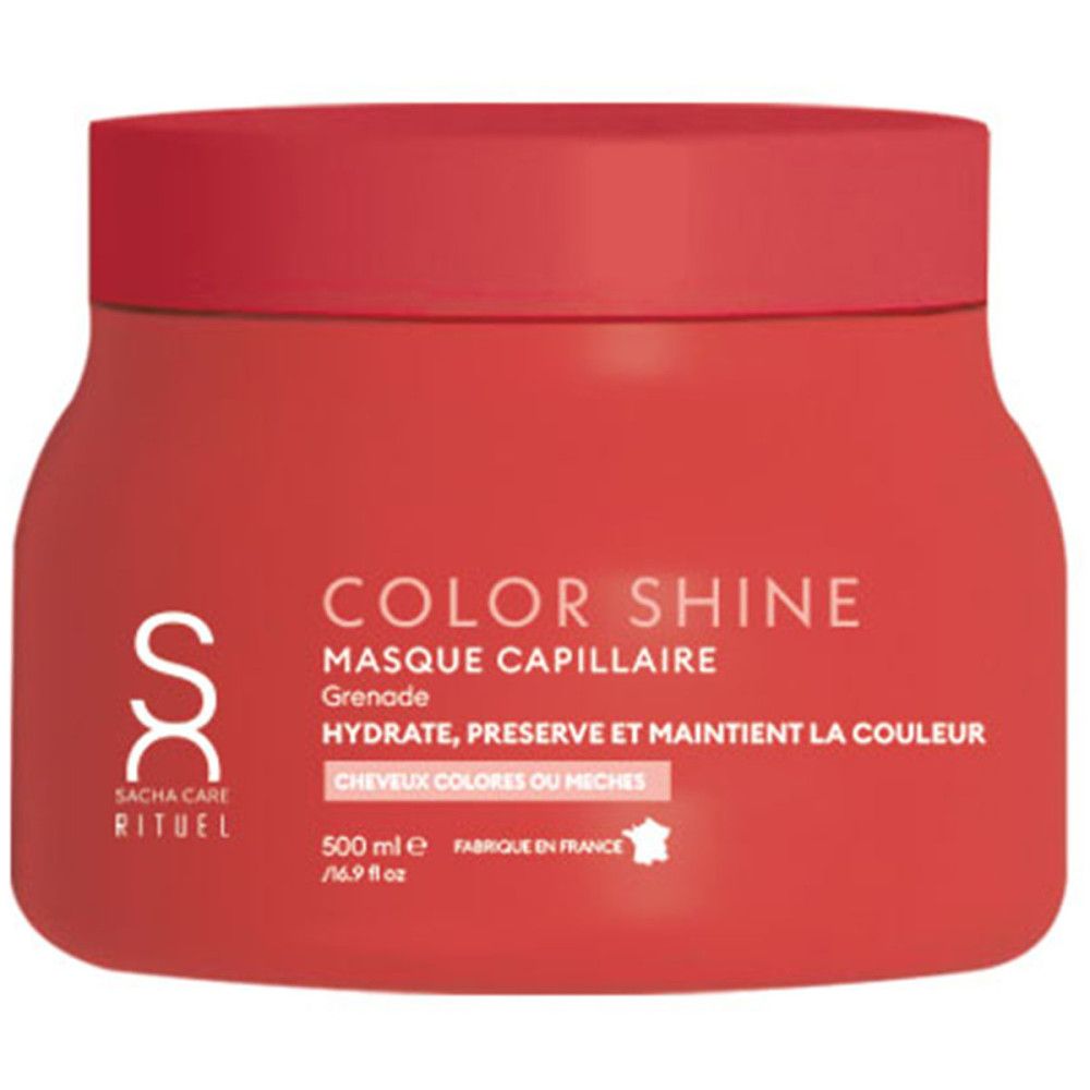 Rode pot met deksel. Tekst: Color Shine, Masque Capillaire. Hydrate, Preserve et Maintient la Couleur. Merk: Sacha Care.